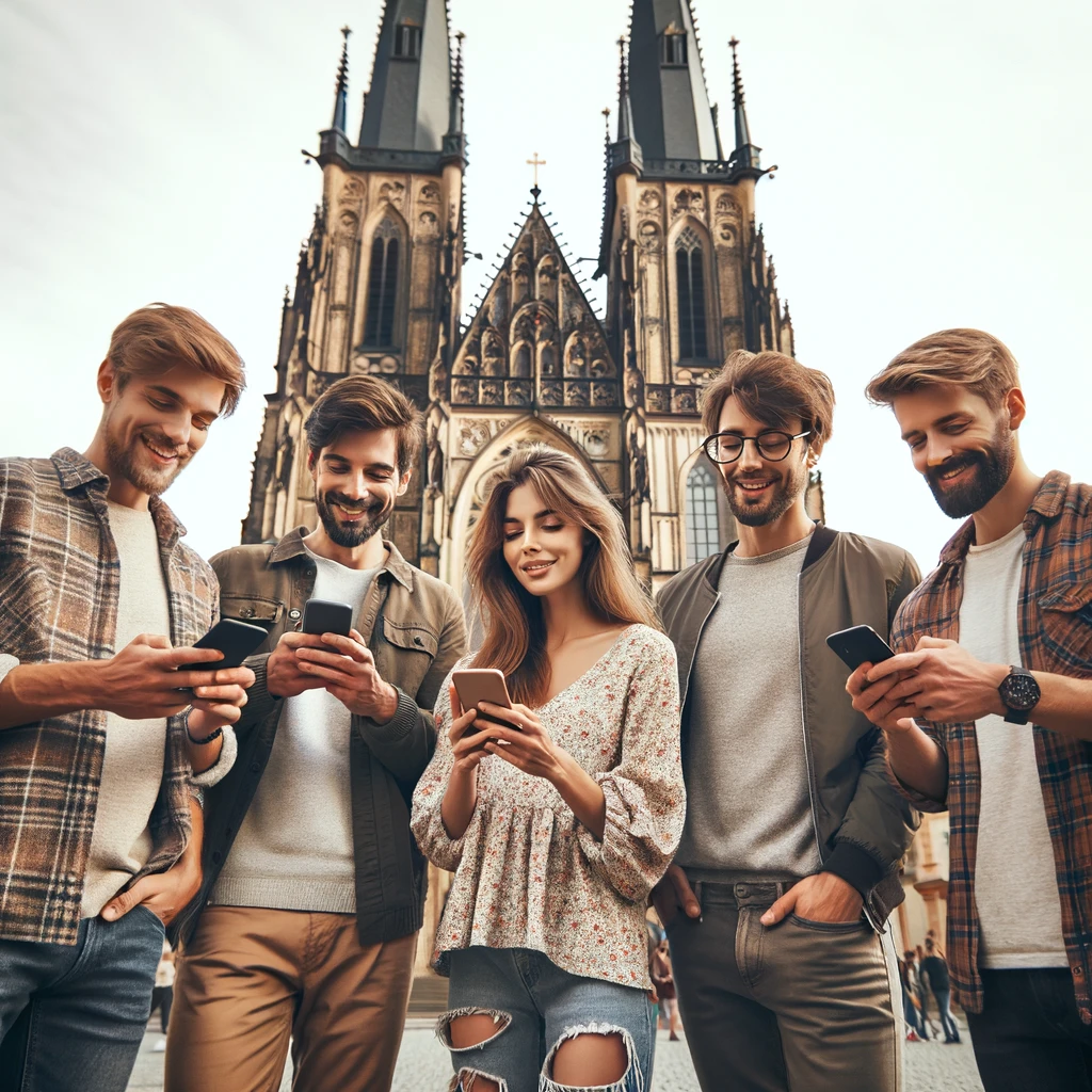 DALLA·E-2024-02-21-21.05.04-An-image-of-five-people-in-Brno-near-a-church-looking-at-their-phones-and-smiling.-The-setting-is-outdoors-with-the-iconic-Cathedral-of-St.-Peter-an