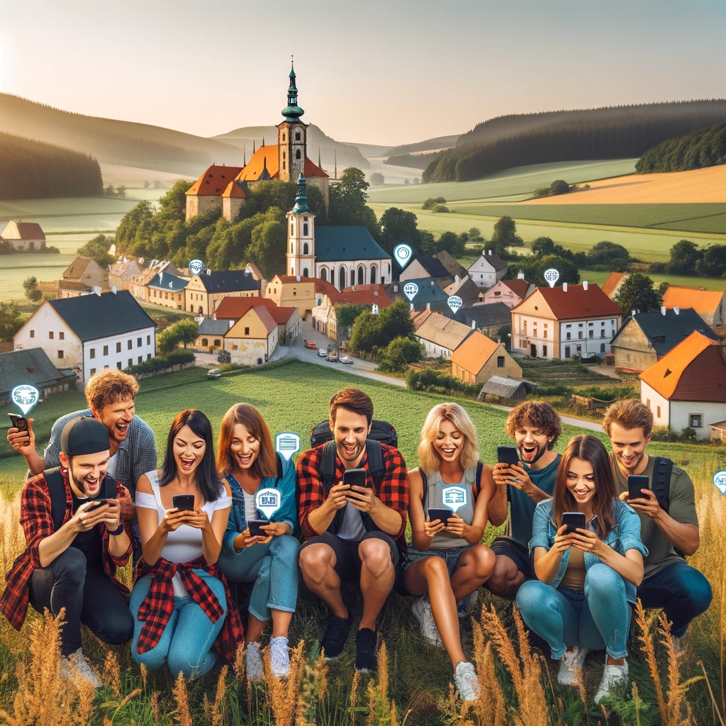 DALLA·E-2024-02-21-21.33.42-An-image-of-a-lively-group-of-people-outdoors-in-the-Czech-countryside-all-participating-in-a-geolocation-game-on-their-smartphones.-The-setting-is-p