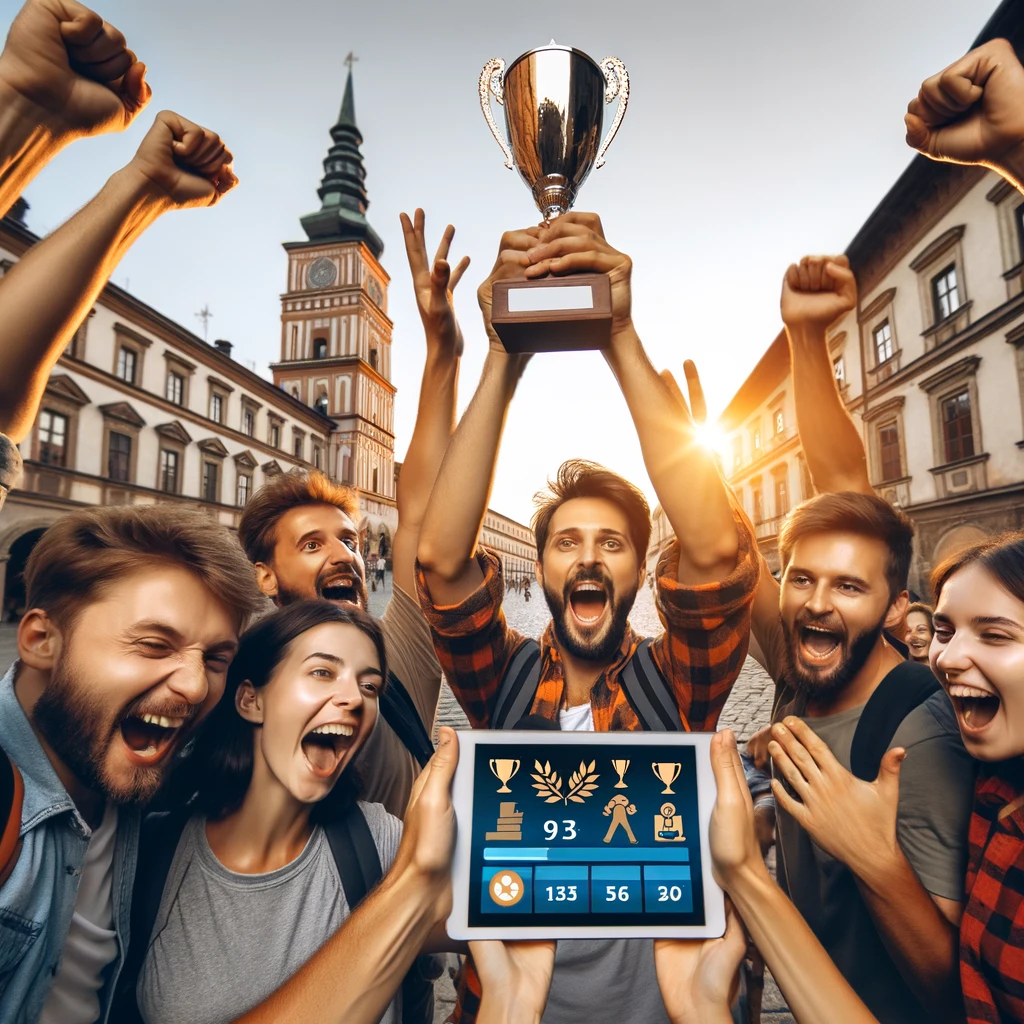 DALLE-2024-02-09-00.21.03-The-moment-of-tri-umph-as-a-team-celebrates-their-victory-holdi-ng-up-a-tablet-displaying-their-high-score-and-a-virtual-trophy.-They-are-outdoors-pos